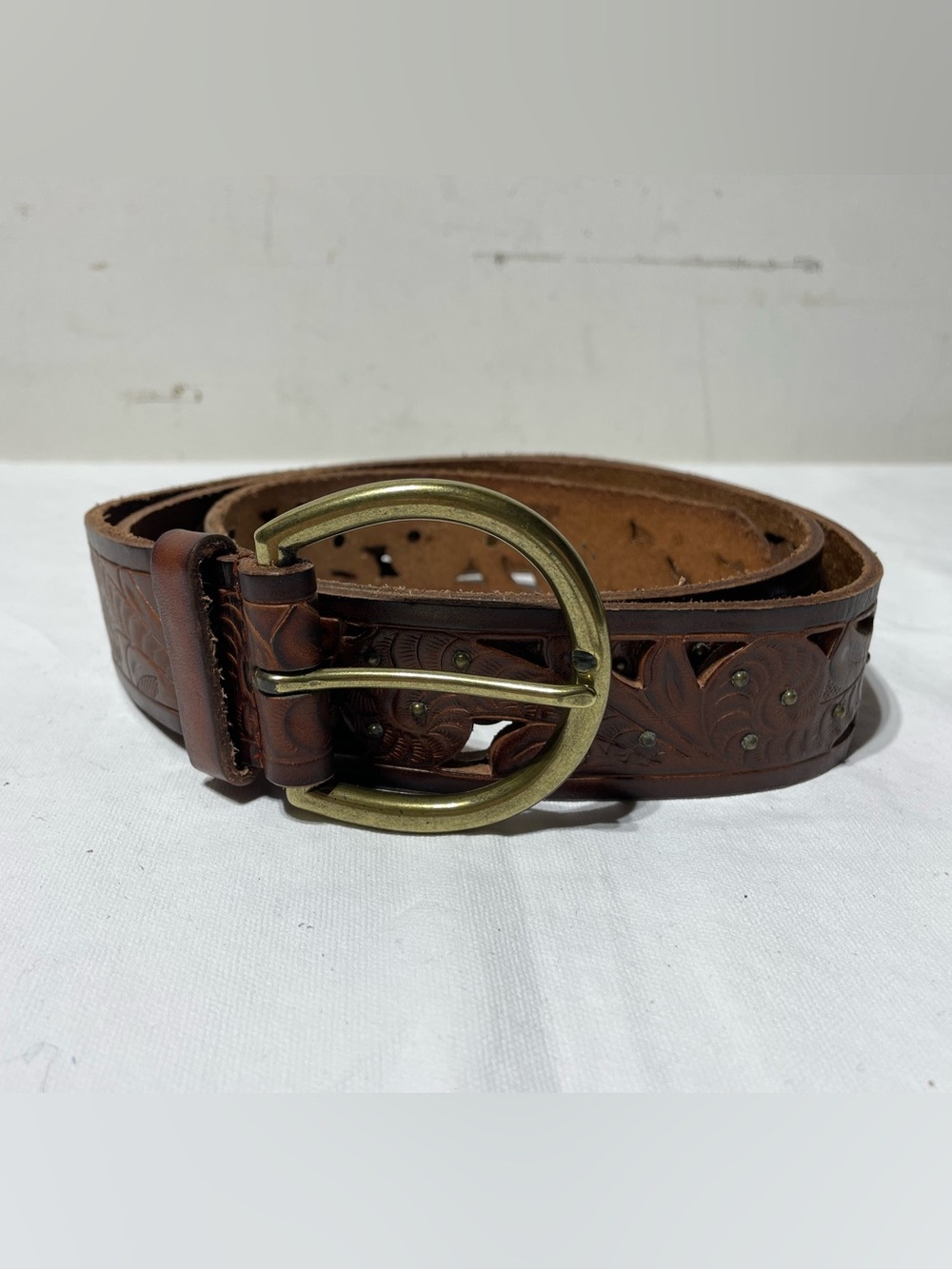 Vintage Coldwater Creek Tooled Leather Belt Womens 2X Brown Floral Cutout 48”